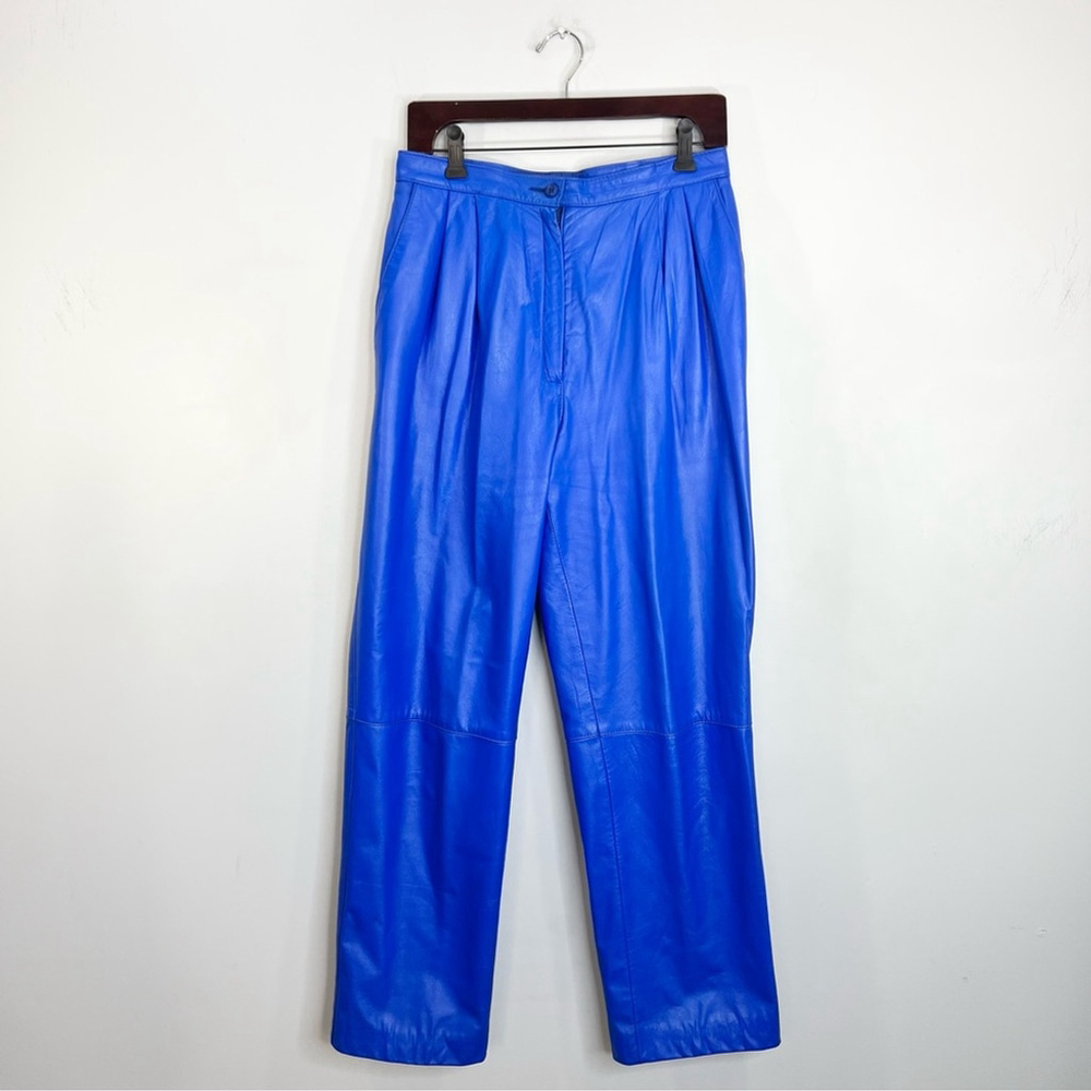 Vintage 80s genuine leather blue padded shoulder batwing bomber pant suit set 14 - Picture 7 of 17